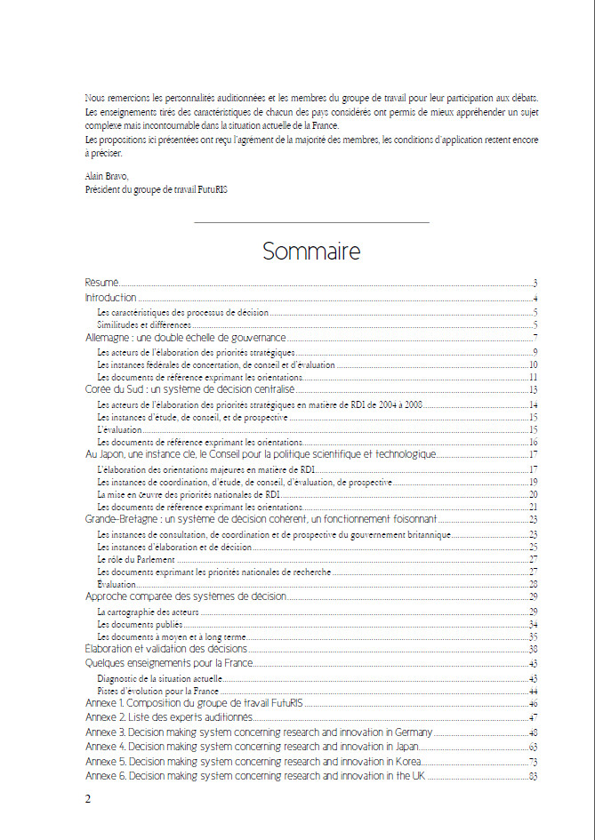 Rapport final du groupe de travail FutuRI  Analyse du systme de dcision et dorientation des politiques publiques de RDI de quelques pays 